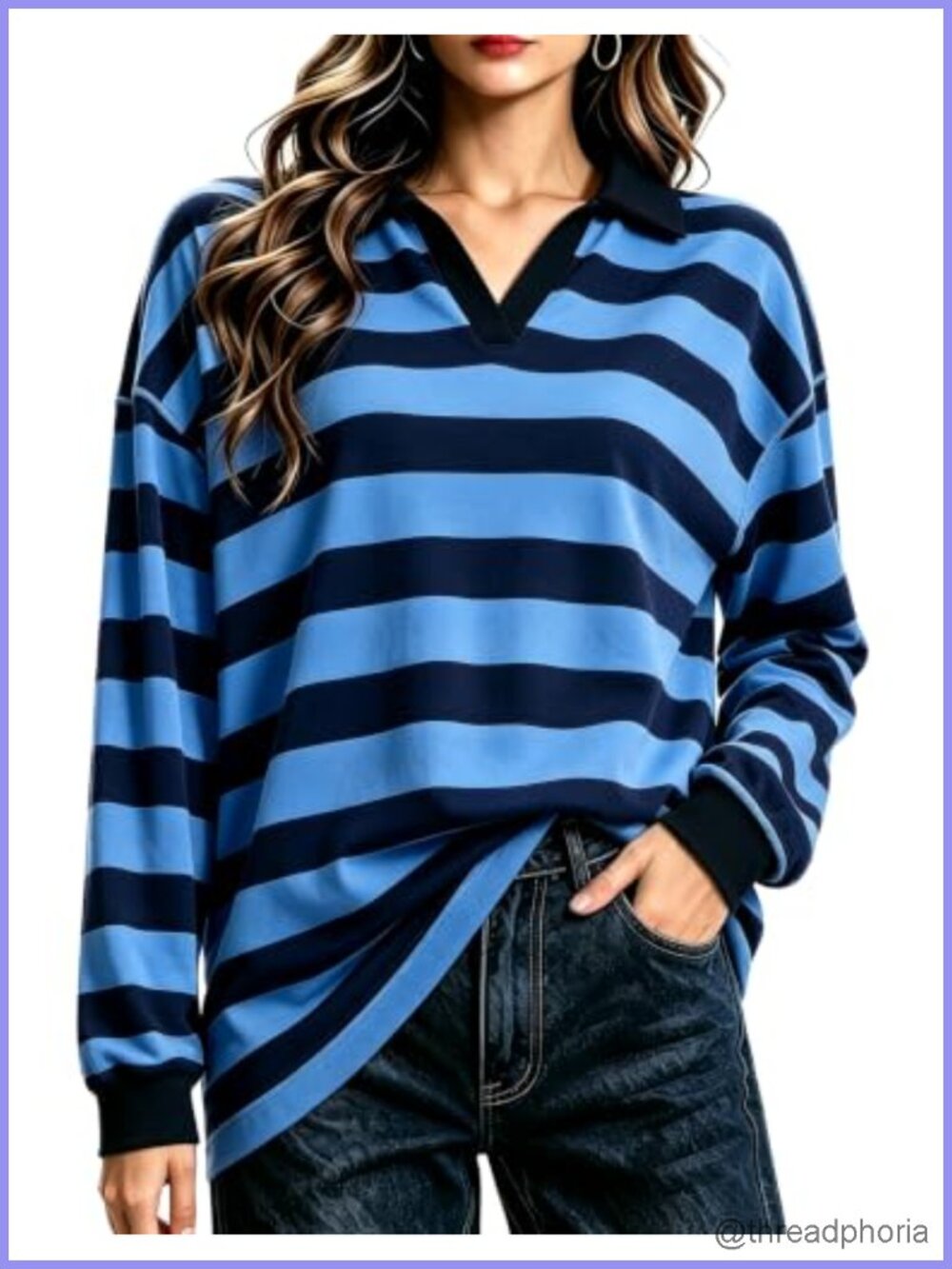 Oversized Striped Long Sleeve V-Neck Rugby Polo Pullover Top Cotton Spandex